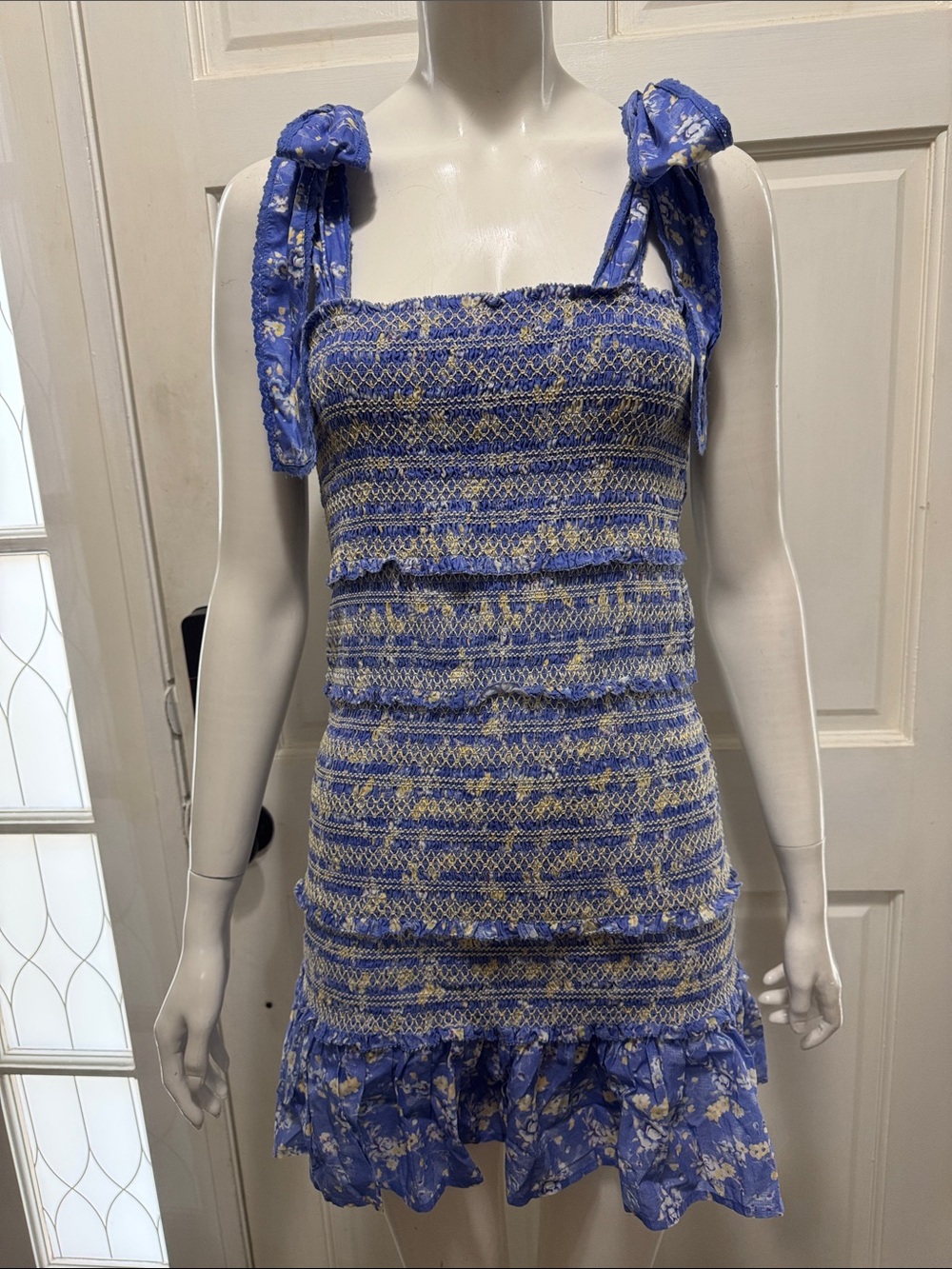 LoveShackFancy Belle Smocked Tie Straps Cotton Mini Dress Blue Jay Floral Print - Picture 2 of 13